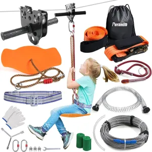 Zipline for Backyard Kids and Adults,Zipline Kits for Backyard with 160ft Cable,6ft Zipline Spring Brake and Belt,Zip line Trolley with Handle,seat and Bag