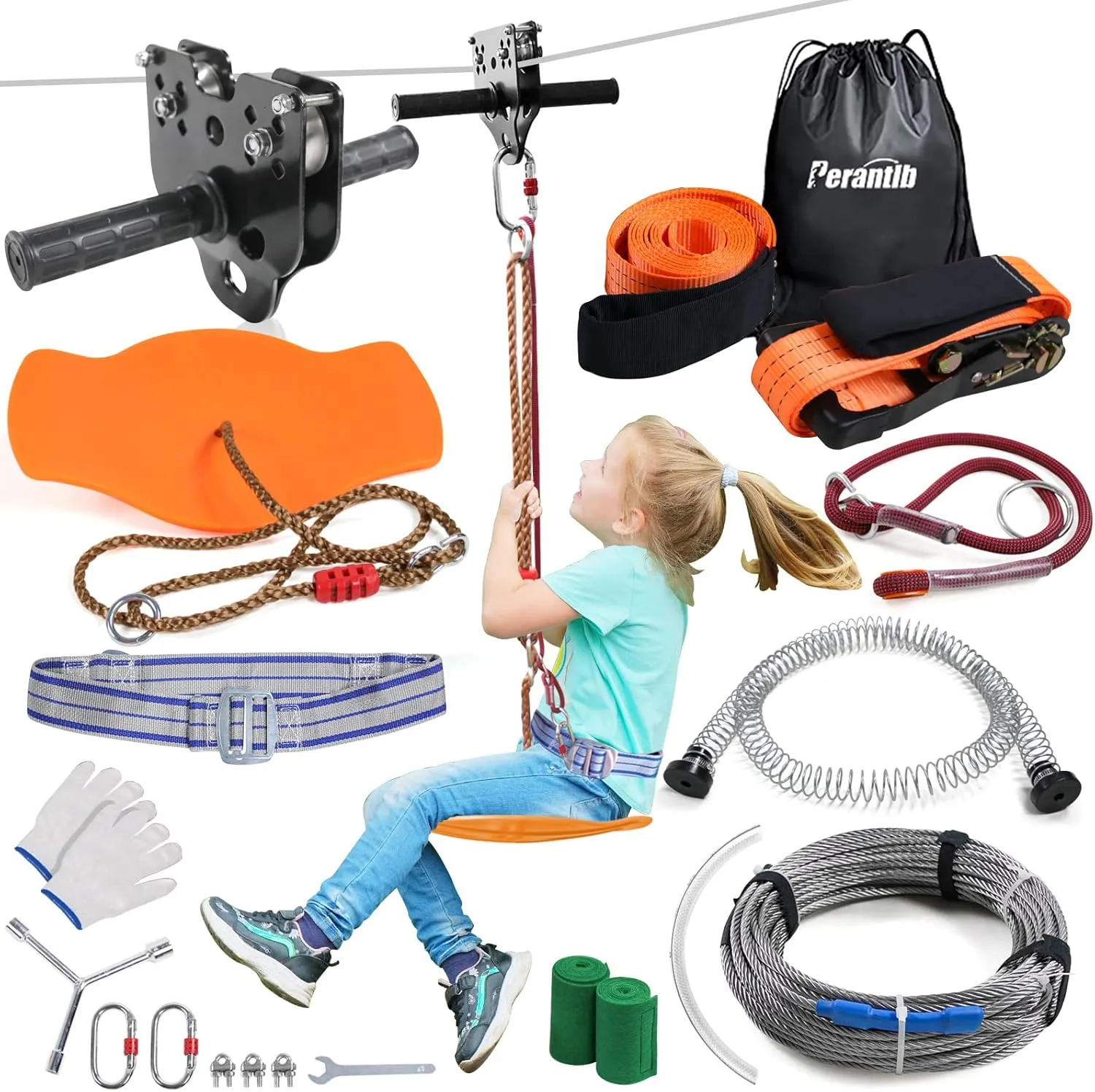 Zipline for Backyard Kids and Adults,Zipline Kits for Backyard with 160ft Cable,6ft Zipline Spring Brake and Belt,Zip line Trolley with Handle,seat and Bag
