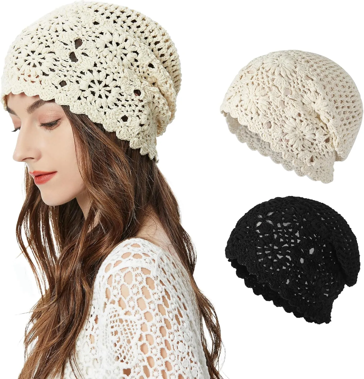 ZLYC Women Cotton Crochet Slouchy Beanie Hat Handmade Knit Cutout Summer Floral Skull Cap