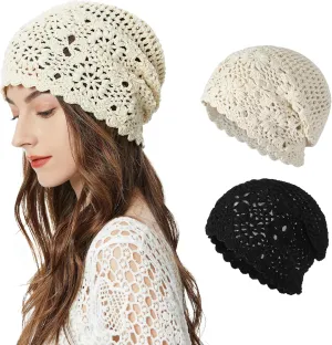 ZLYC Women Cotton Crochet Slouchy Beanie Hat Handmade Knit Cutout Summer Floral Skull Cap
