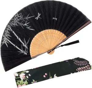 Zolee Small Folding Hand Fan - Chinese Japanese Vintage Bamboo Silk Fans - for Dance, Performance, Decoration, Wedding, Party, Gift (Bamboo Forest-Black) 0204