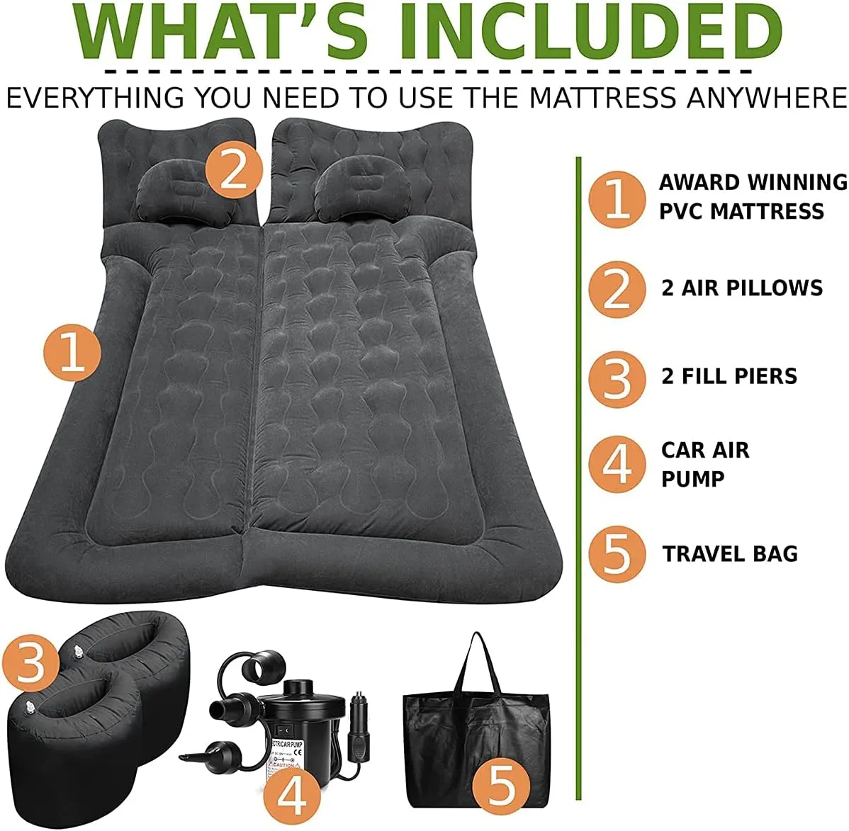 ZONETECH Car Trunk Inflatable Air Mattress - Premium Quality Easy Inflation Air Pump Flocking Surface Back Seat Thickened Bed with 2 -Pillows for Travel Camping Family Outing